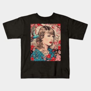 Taylor Fan Art Vintage Cherry Blossom Woodblock Japanese Graphical Kids T-Shirt